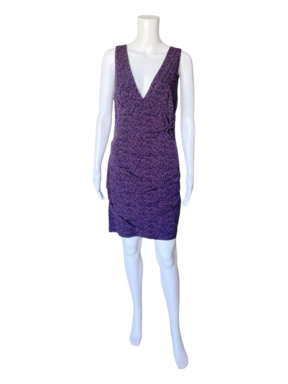 BCBGeneration Bodycon Dress Womens Medium Purple Black Ruched V Neck Sleeveless